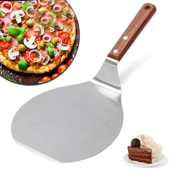 Anti-haşlanma Pizza Kürek Ahşap Saplı Yuvarlak Paslanmaz Çelik Kek Kürek Mutfak Pişirme Aksesuarları Kek Araçları Pizza Kürek