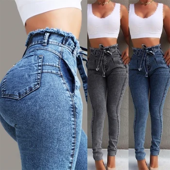 Moda Kuşaklı Yüksek Bel Skinny Jeans Kadın Streç Denim uzun pantolon Püskül Kemer Bandaj Skinny Push Up Kot Kadın