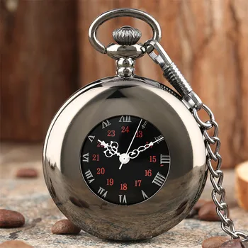 Retro Pürüzsüz Siyah Manuel Mekanik cep saati Gümüş Romen Rakamları Dial El Sarma Mekanik Cep Zinciri Timepiece Erkek