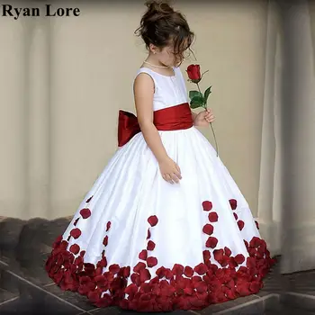 Zarif Beyaz Şarap Kırmızı Aplikler Balo Çiçek Kız Elbise 2020 Prenses Elbise Düğün İlk Communion Pageant Törenlerinde