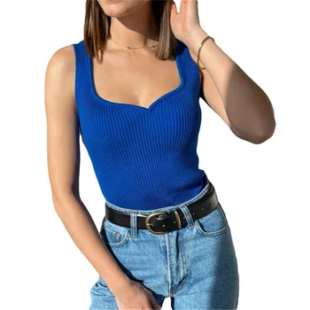 Kadın Nervürlü Kırpma Üstleri Yaz Rahat Temel Slim Fit Düz Renk Tees Kolsuz Düşük kesim Boyun Yelek Tankı Üstleri Streetwear