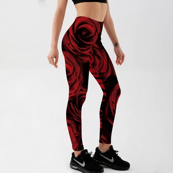 Kadınlar Seksi Tayt Kırmızı Güller Baskılı Egzersiz Rahat Pantolon Pantolon Artı Boyutu Yaz Kırmızı Pantolon
