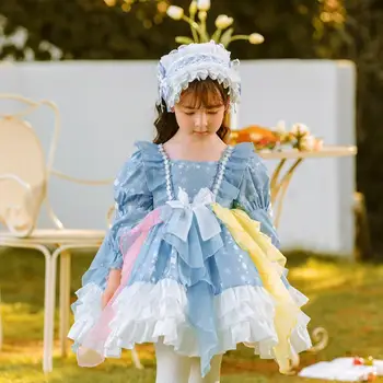 Sonbahar Kış Yeni İspanyol Lolita Prenses Balo Bow Mesh Tasarım Doğum Günü Partisi Chritmas Elbiseler Kızlar İçin Eid A1907