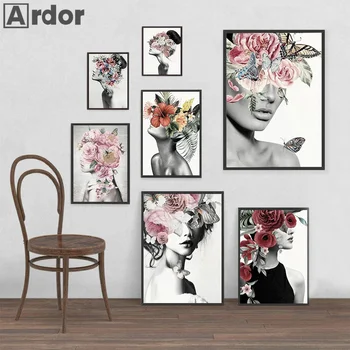 Seksi Kadın Kafa Kelebek Posteri Modern Çiçek Tuval Boyama Moda Baskı İskandinav Duvar Sanatı Resimleri Oturma Odası Yatak Odası Hediye