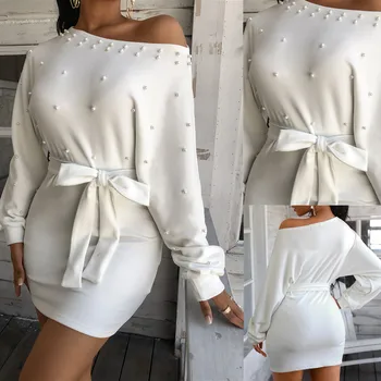 SKMY Seksi Ofis Sıkı Boncuklu bel kemerleri Örgü Batwing Uzun Kollu Elbise Zarif Düğün Parti Beyaz Elbise Kadınlar Kış 2021