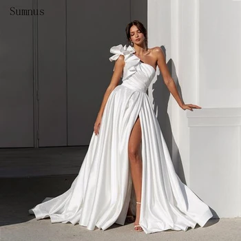 Sumnus Zarif Bir Omuz düğün elbisesi Yüksek Yan Yarık Leke Uzun Kat Uzunluk Beyaz Vestidos De Novia Robe De Mari ée 2023