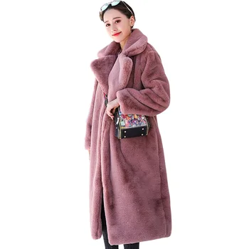 Kış ceket Kadınlar Yüksek Kalite Faux Tavşan Lüks Uzun Kürk Ceket Gevşek Yaka Palto Kalın Sıcak Artı Boyutu Kadın Peluş mont