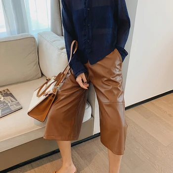 2022 kadın Kahverengi Geniş Gevşek Büyük Boy Patchwork Sahte Pu Deri Kapriler Pantolon Sonbahar Harajuku Vintage Şort Giyim E-kız Za