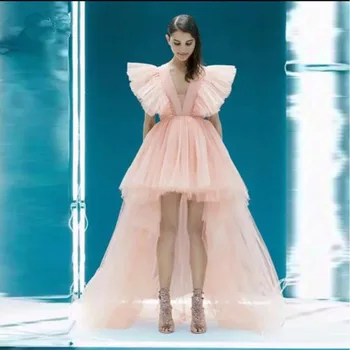 2021 Yeni Hi Düşük balo kıyafetleri Derin V Boyun Asimetrik Özel Durum Törenlerinde Sıcak Satış Şeftali Pembe Tül uzun gece elbisesi Özel
