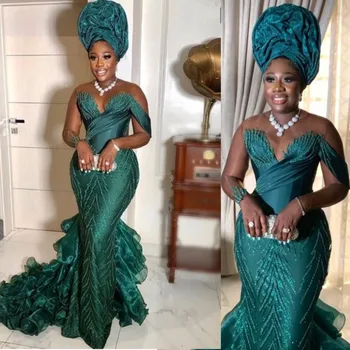 Zümrüt Yeşil Aso Ebi Mermaid Balo Abiye Boncuklu Bir Omuz Uzun Afrika Akşam Elbise Nijerya Elbiseler Kıyafet Ruffles Oragnza