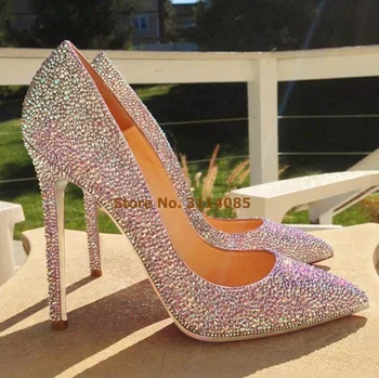 Kadınlar Lüks Bling Bling Gümüş Kristal Düğün Ayakkabı Stiletto Topuklu Parlak Sivri Burun Sığ Pompaları Taklidi Ayakkabı