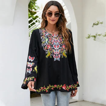 KHALEE YOSE Boho Nakış Bluzlar Gömlek Bahar Sonbahar Kadın Meksika Gömlek Vintage Uzun Kollu 23xl Siyah Rahat Etnik Üst