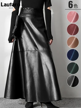 Lautaro Sonbahar Uzun Siyah Bir Çizgi Yumuşak Suni Deri Etek Kadın Yüksek Bel Mavi Şık Maxi Etekler Kore moda giyim 2021