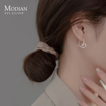 Modian 925 Ayar Gümüş Basit Çizgi Kalp Saplama Küpe Kadınlar İçin Zarif Kulak Çıtçıt Moda Güzel Takı Düğün Hediyesi