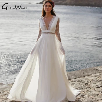 Bohemian Şifon Dantel düğün elbisesi 2022 Uzun Kollu V Yaka Şifon A-Line gelinlikler Illusion Bel Vestidos De Novia