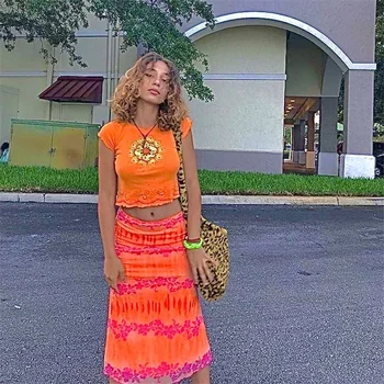 Kadın Kravat boya Boho Midi Etek 90s Hurajuku Yüksek Bel Sevimli Y2K E-kız Streetwear Yaz Goth Maxi Uzun kalem Etekler