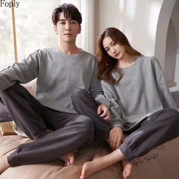100 % Pamuk Çift Pijama Setleri Kadın Erkek Artı Boyutu Pijama Rahat Gecelik Sonbahar Kış Eğlence Loungewear Pijama