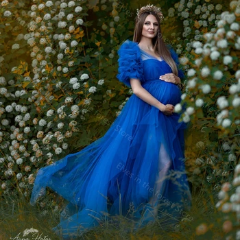 Kraliyet Mavi Bir Çizgi hamile elbiseleri V Boyun Hamile Fotoğrafçılığı Yarım Kollu Kabarık Ruffles Gebelik Kadın Elbise Bebek Duş