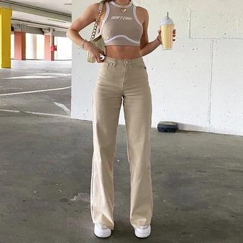 Bol kot pantolon Kadınlar İçin 2021 Katı Yüksek Bel Kot Anne Pantolon Yaz Rahat Geniş Bacak Pantolon Harajuku Moda Streetwear