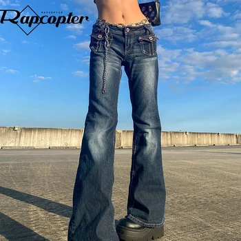 Rapcopter Düşük Belli Kot Cepler Grunge Retro Pantolon Fermuar Flare Moda Sıcak Anne Kot Kadın Kore Rahat Kargo Pantolon 90 s