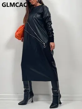 Kadın Uzun Kollu Fermuar Detaylı PU Deri Midi Elbise