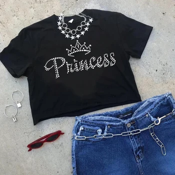 FIXSYS Kadın Yaz Moda Kısa Kollu Mahsul Tops Parlak Sıcak Matkap Taklidi Taç Prenses Mektup siyah tişört Bayanlar Tee