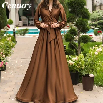 Kahverengi Bir Çizgi Abiye V Boyun balo kıyafetleri Uzun Kollu gece elbisesi Müslüman Kadın Elbise Fas Kaftan Elbiseler De Soirée