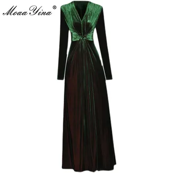 MoaaYina Moda Tasarımcısı Sonbahar Yeşil Kadife Parti Elbise kadın V Yaka Uzun Kollu Kat Yüksek Sokak Bayan Zarif uzun elbise