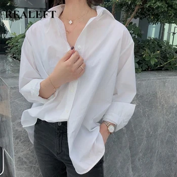REALEFT 2022 Yeni Sonbahar Beyaz kadın Bluz Turn-aşağı Yaka Casual Gevşek Kadın Bluz Üstleri İş Giysisi Ofis Gömlek
