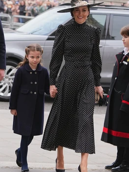 Kate Prenses Yeni Tasarımcı Moda Bahar Yüksek Kalite Kadınlar Zarif Casual Parti Ofis Nokta Baskı Uzun Kollu Yüksek Sokak Elbise