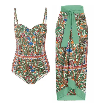 Vintage Baskı Sling Bikini ve Kapalı Geri Tek Parça Push Up İnce Mayo Egzotik Beachwear Bayanlar Zarif Monokini