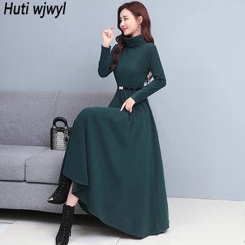 Sonbahar Kış Pazen Kalın Sıcak Maxi Elbise Kadınlar Siyah Kore Vintage Parti Vestidos 2022 Yeni Zarif Bodycon Balıkçı Yaka Elbise