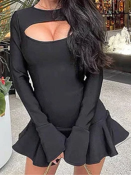 OMSJ Zarif Bayanlar Kulübü Tarihi Mini Elbise Büstü Oymak Alevlendi Kollu Fırfır Etek İnce Seksi Yüksek Bel Katı Siyah Parti kıyafetler