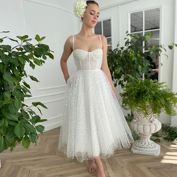 JEHETH Basit Spagetti Kayışı Beyaz Balo Parti Elbise Devriye Tül A-line gece elbisesi Zarif Ayak Bileği Uzunluğu Dantelli Kadınlar 2022