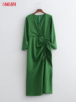 Tangada 2021 Sonbahar Moda Kadınlar Yeşil Pilili Elbise V Boyun Uzun Kollu Ofis Bayanlar Midi Elbise 1D400