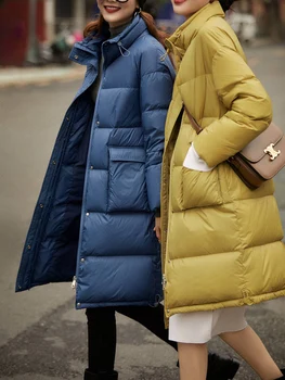Janveny 2022 Kış Yeni Uzun Kirpi şişme ceket kadınlar Kalınlaşmak Diz Boyu Kadın Parkas 90 % Beyaz Ördek Doan Ceket Rüzgar Geçirmez