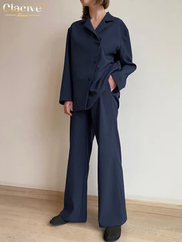 Clacive Rahat Uzun Kollu Gömlek 2 Parça Setleri Bayan Kıyafetler Kış Siyah Yüksek Bel Pantolon Takım Elbise Zarif Ofis pantolon seti