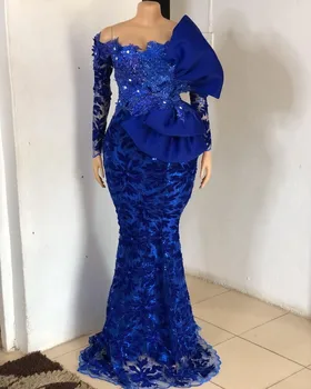 Resmi Mavi Akşam Elbise Kadınlar için Kapalı Omuz Boncuk Dantel Mermaid Balo Abiye Uzun Kollu robe de soirée de mariage