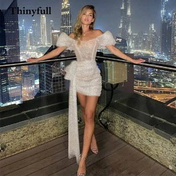 Thinyfull Moda Kısa Sparkly Sequins düğün elbisesi 2022 Kısa Kollu Straplez Örgün Akşam Gelin Balo Abiye Elbiseler