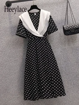 Kadın Yaz Polka Dot Baskı Şifon Elbiseler Fransız Ruffles Patchwork Yüksek Bel Uzun Elbiseler Kadınlar İçin Yaz Vestido De Fiesta