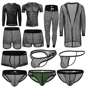 Seksi Erkek İç Çamaşırı Şeffaf Fishnet Mesh Gömlek Hollow Out Külot Thongs Şort Fanilalar Pijama Bornoz dar pantolon