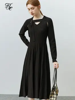 FSLE Kadınlar Siyah Pilili Tasarım uzun elbise V Yaka Askı Kazak Etek Şal İki Parçalı Set Kış Yeni Örgü Elbiseler