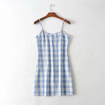 2021 Yaz Vintage Cottagecore Y2k Tatlı Mavi Ekose Spagetti Sapanlar Mini Elbiseler Kadınlar için Vestidos Robe Femme Yüksek Streetwear
