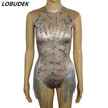 3D Baskı Gümüş Kristaller Püsküller Bodysuit bayan kostümü Bar Gece Kulübü Dans Takımı Caz Performansı Kıyafet Kutup Dans Sahne Giyim