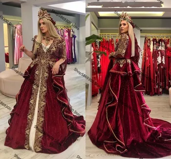 Geleneksel Kosova Bordo Abiye Uzun Kollu Fas Kaftan Balo Elbise Boncuklu Parti Kıyafeti Ünlü Sukienki