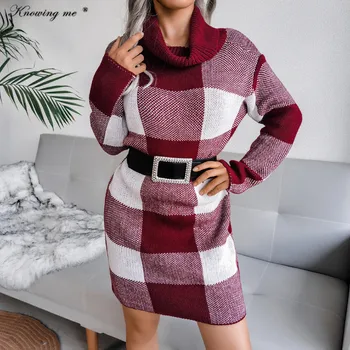 Kadın Ekose Örme Kazak Elbise Bayan Sonbahar Vintage Örgü Patchwork elbise Rahat Zarif Kış sıcak balıkçı yaka Mini Elbise