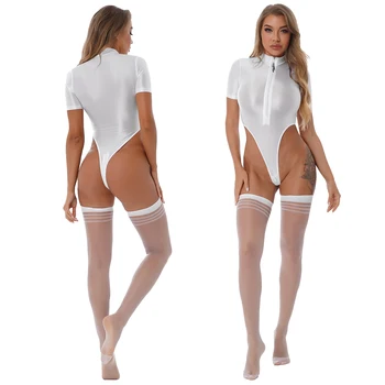Seksi kadın Kısa Kollu Bodysuits Mayoları Parlak See Through Yüksek Elastik Kadınlar Yüksek Kesim Fermuar Kasık giyisi Porno Clubwear