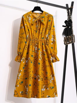 Vintage Çiçekli Baskı Şifon Kadın Midi Elbise Zarif Uzun Kollu Yay A-line Boho Elbise Sonbahar Kore Tarzı 2022 Sonbahar Vestidos