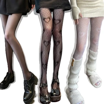 Seksi Kadın Tayt Tayt Lolita Delikli Gotik JK Örgü Çorap Japon Dantel Külotlu Kalp Desen Siyah Çorap
