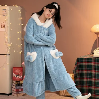 Kapşonlu Kadın Nightgowns Karikatür Uzun Kulaklar Köpek Sıcak Rahat Sleepshirt Kawaii Pijama Günlük Gecelik Kış Flanel gece elbisesi